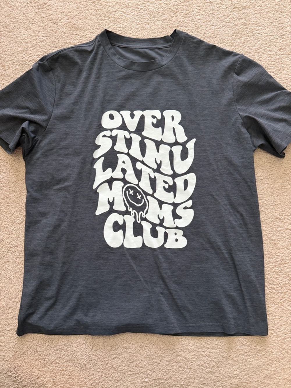 Charcoal Gray Graphic Tee with White 'Overstimulated Moms Club' Print
